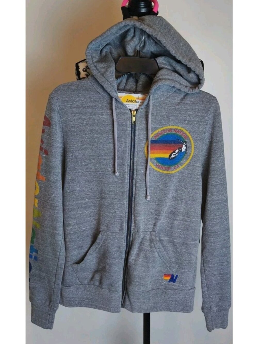 Aviator Nation Venice CA Gray Zip Hoodie Small Rainbow Sleeve Spell Out USA
